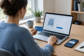 Personne effectuant un achat en ligne avec une carte bancaire et un smartphone affichant une alerte bancaire.