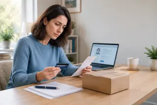 Consommateur britannique examinant une carte de crédit, un reçu et un colis chez lui pour préparer une demande de protection au titre de la Section 75.
